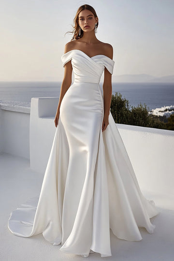 Robe de mariée ivoire en satin à épaules dénudées avec ceinture